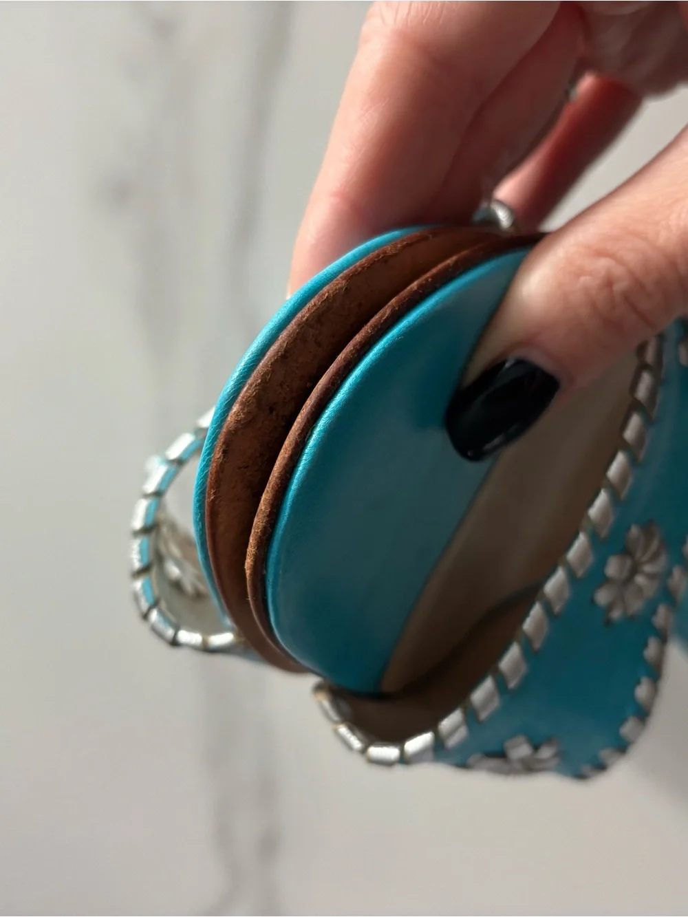Michael Kors Made in Italy Turquoise Leather Whipstitch Heeled Slide Sandals 10